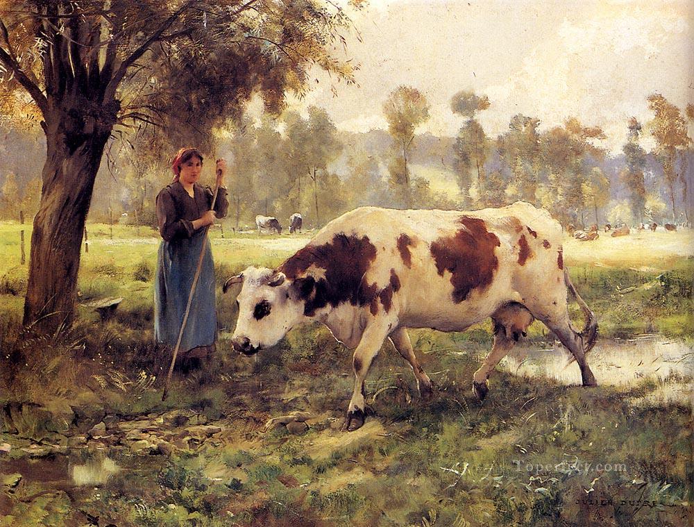 Vaches au pâturage vie à la ferme Réalisme Julien Dupre Peintures à l'huile